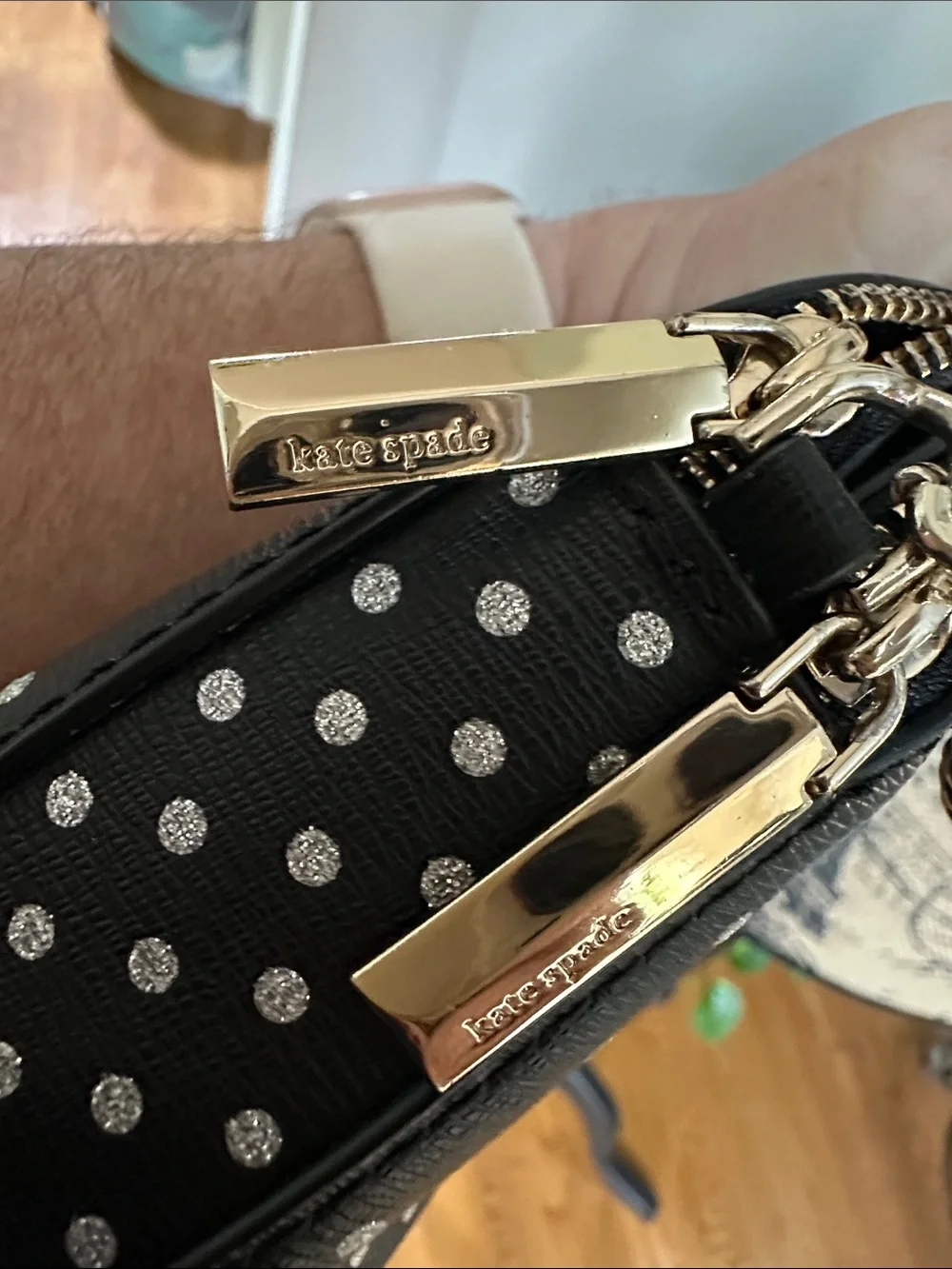 kate spade Black and Metallic silverPolka Dot Crossbody with Gold Chain ♠️